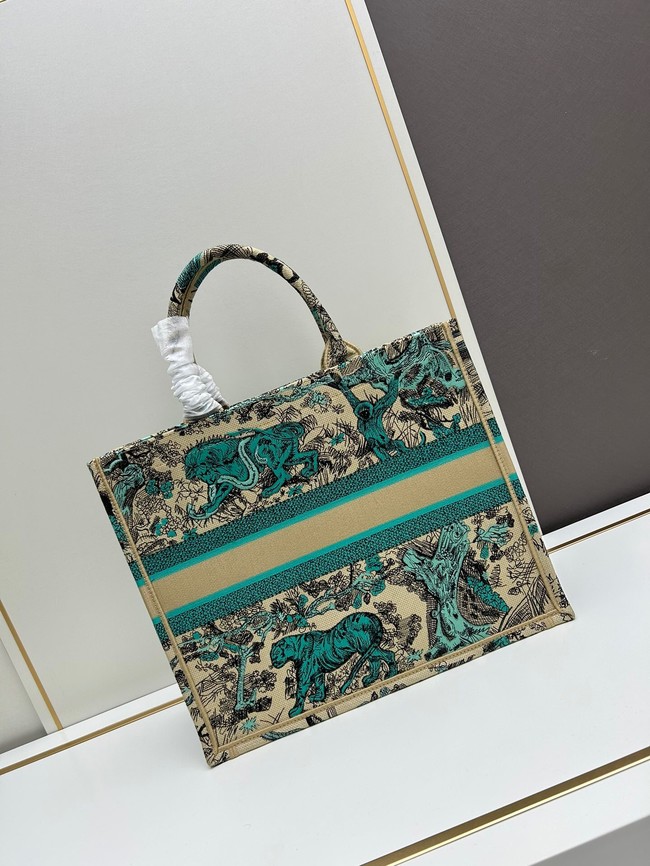 Large Dior Book Tote Raffia with Aquamarina Toile de Jouy Sauvage Embroidery M1286ZE