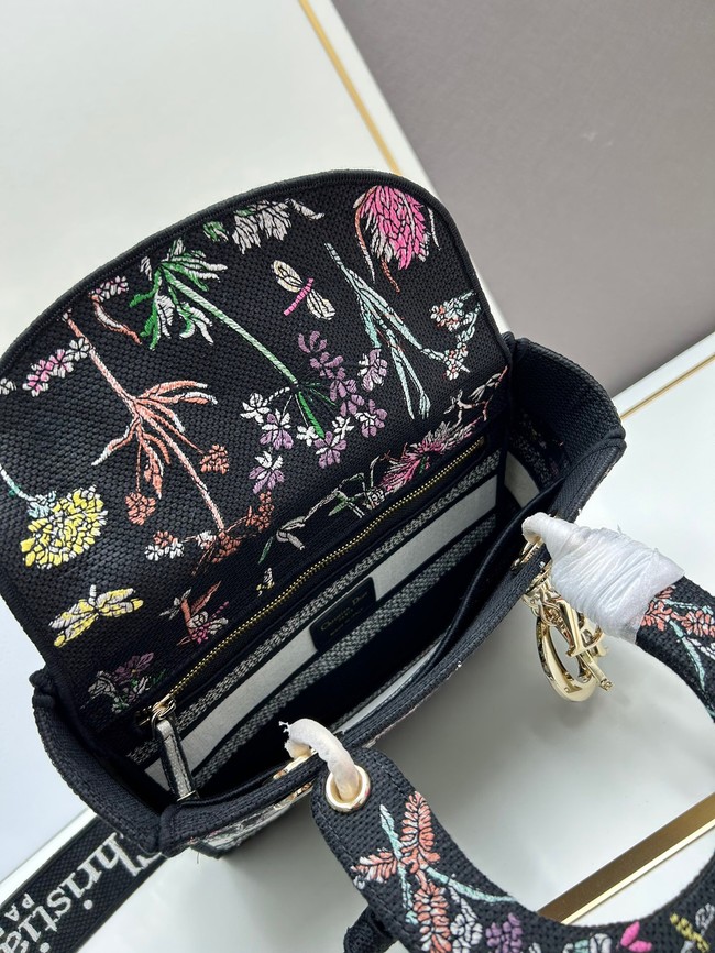 Medium Lady D-Lite Bag Black Multicolor Dior Herbarium Embroidery M0565OE