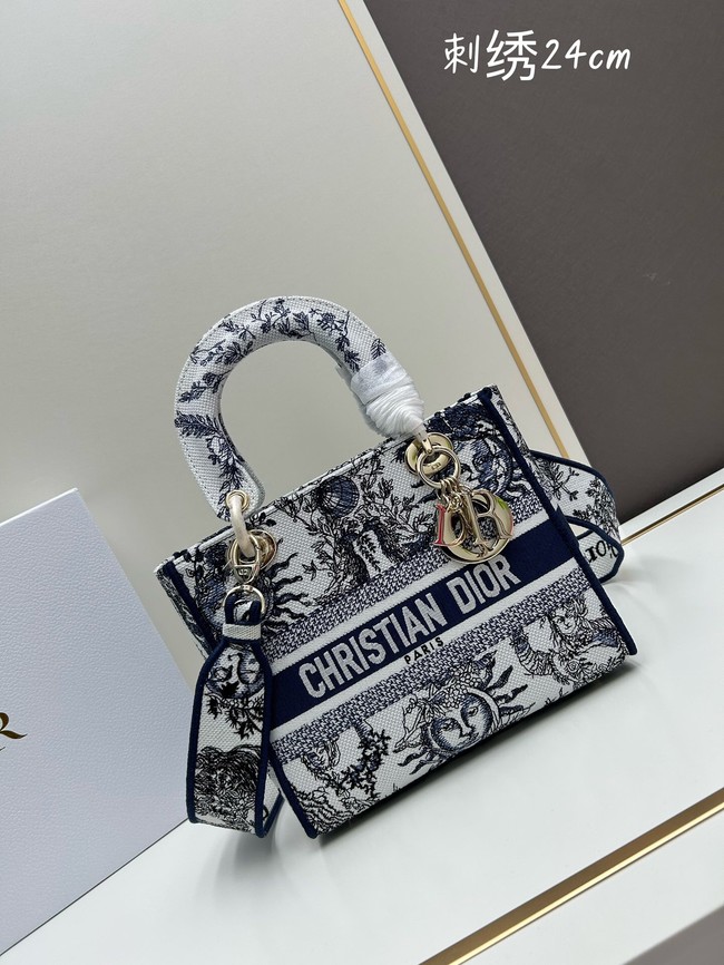 Medium Lady D-Lite Bag White and Navy Blue Toile de Jouy Soleil Embroidery M0565O