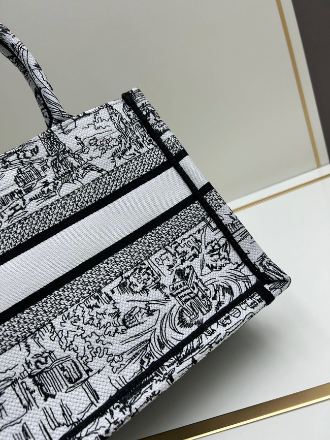 SMALL DIOR BOOK TOTE White and Black Paris Allover Embroidery M1296ZRf gray