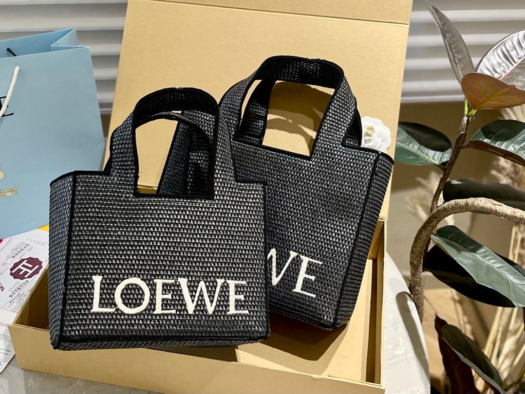 Loewe Anagram Basket Woven Straw Shopping Tote Bag 652399 Black