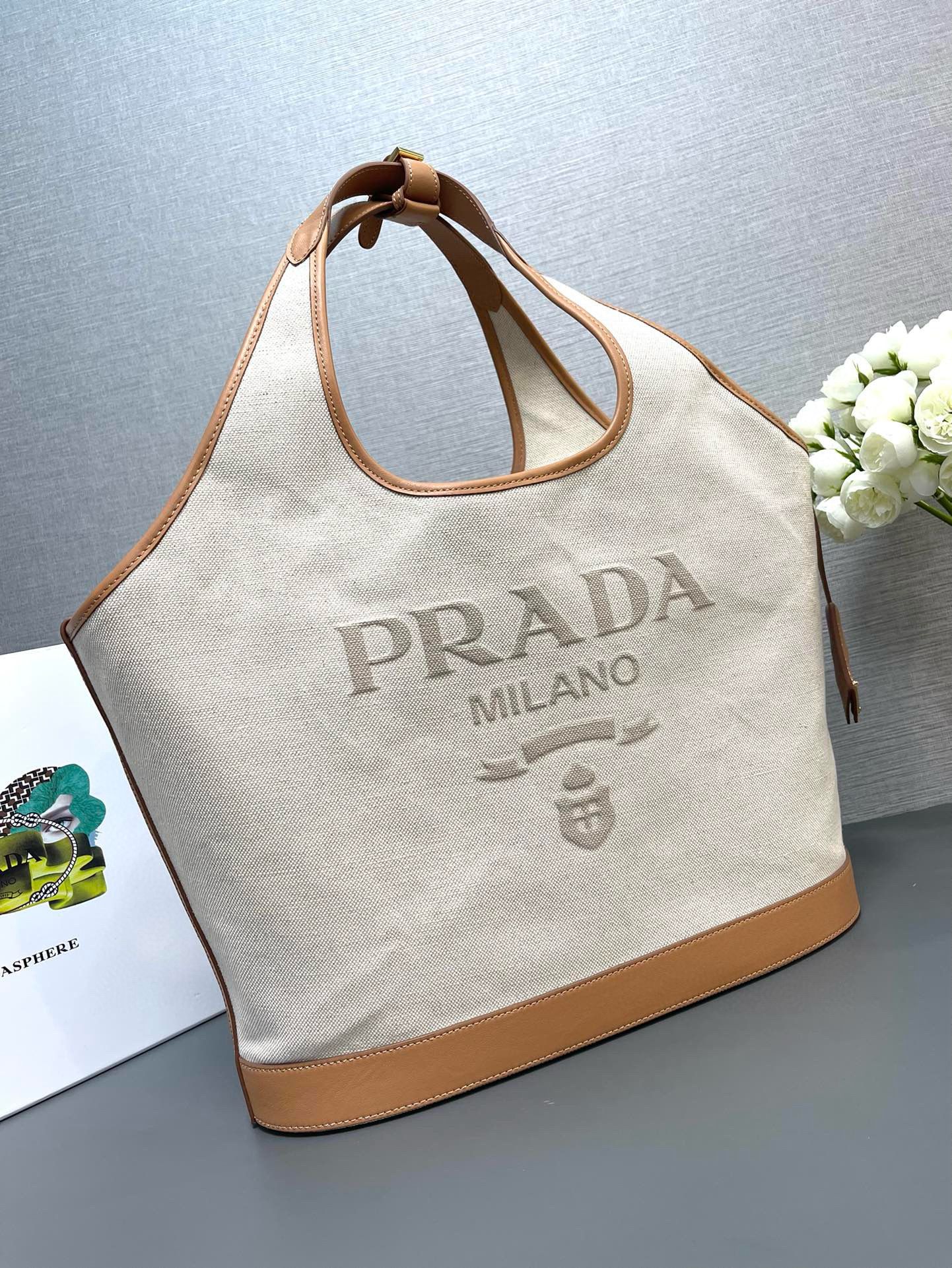 Prada Original Linen Canvas Shopping Bag 1BG472 Brown