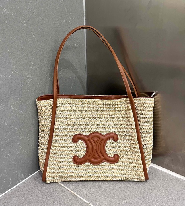 CELINE MEDIUM SUPPLE CELINE CLASSIC PANIER IN RAFFIA AND CALFSKIN 192605-2