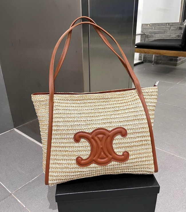 CELINE MEDIUM SUPPLE CELINE CLASSIC PANIER IN RAFFIA AND CALFSKIN 192605-2