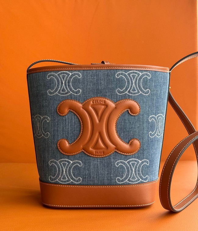 SMALL BUCKET CUIR TRIOMPHE IN DENIM WITH TRIOMPHE ALL-OVER EMBROIDERY AND CALFSKIN 198243 NAVY&TAN