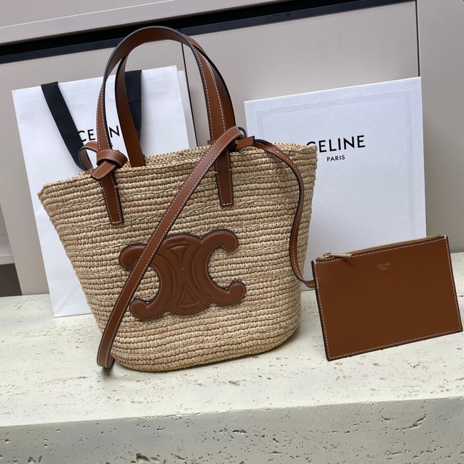 CELINE TEEN SUPPLE CELINE CLASSIC PANIER IN RAFFIA AND CALFSKIN 115802 TAN