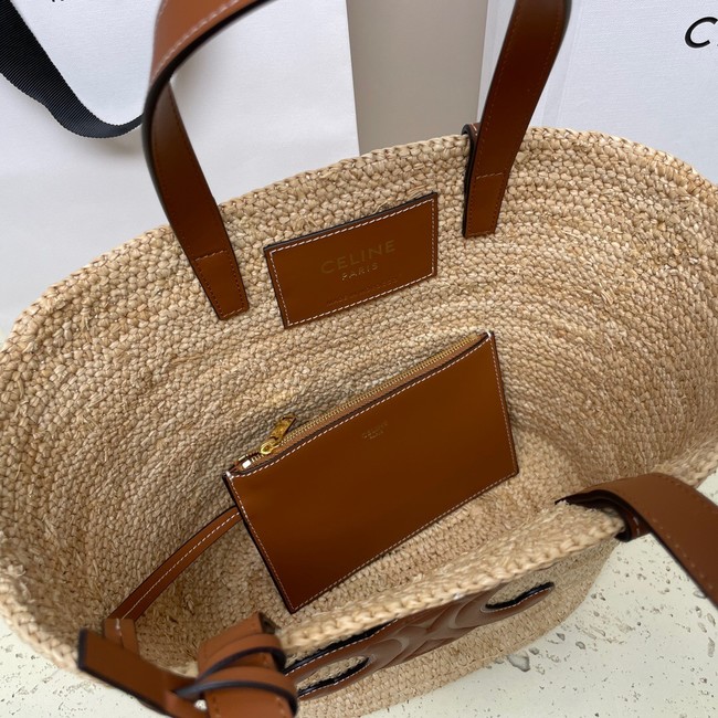 CELINE TEEN SUPPLE CELINE CLASSIC PANIER IN RAFFIA AND CALFSKIN 115802 TAN