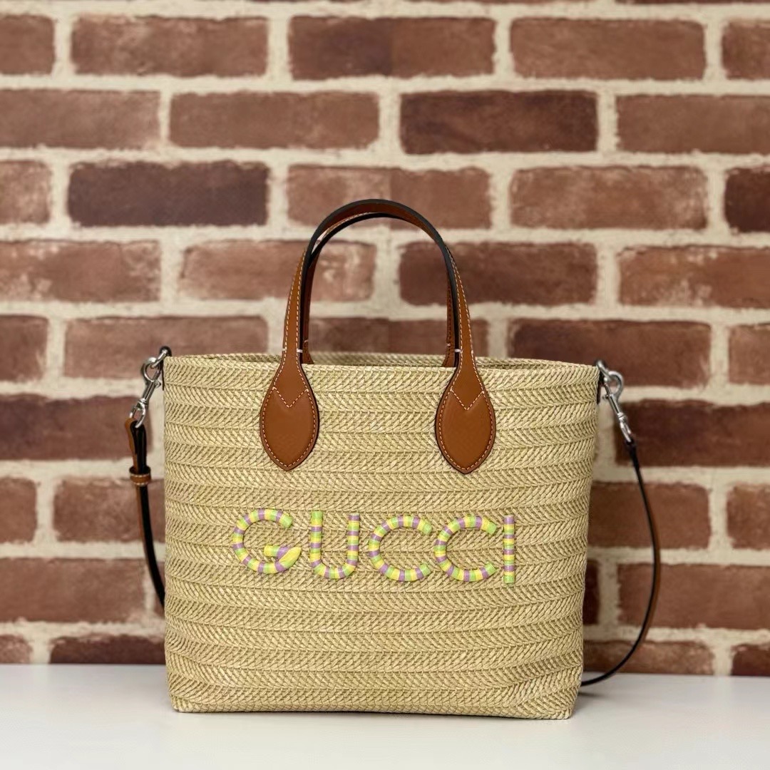 Gucci SMALL STRAW-EFFECT TOTE 779671 Multicolor