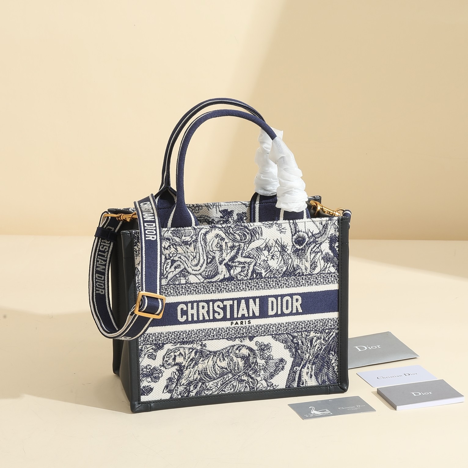 Small Dior Book Tote White and Navy Blue Toile de Jouy Sauvage Embroidery with Navy Blue Calfskin M1325CET