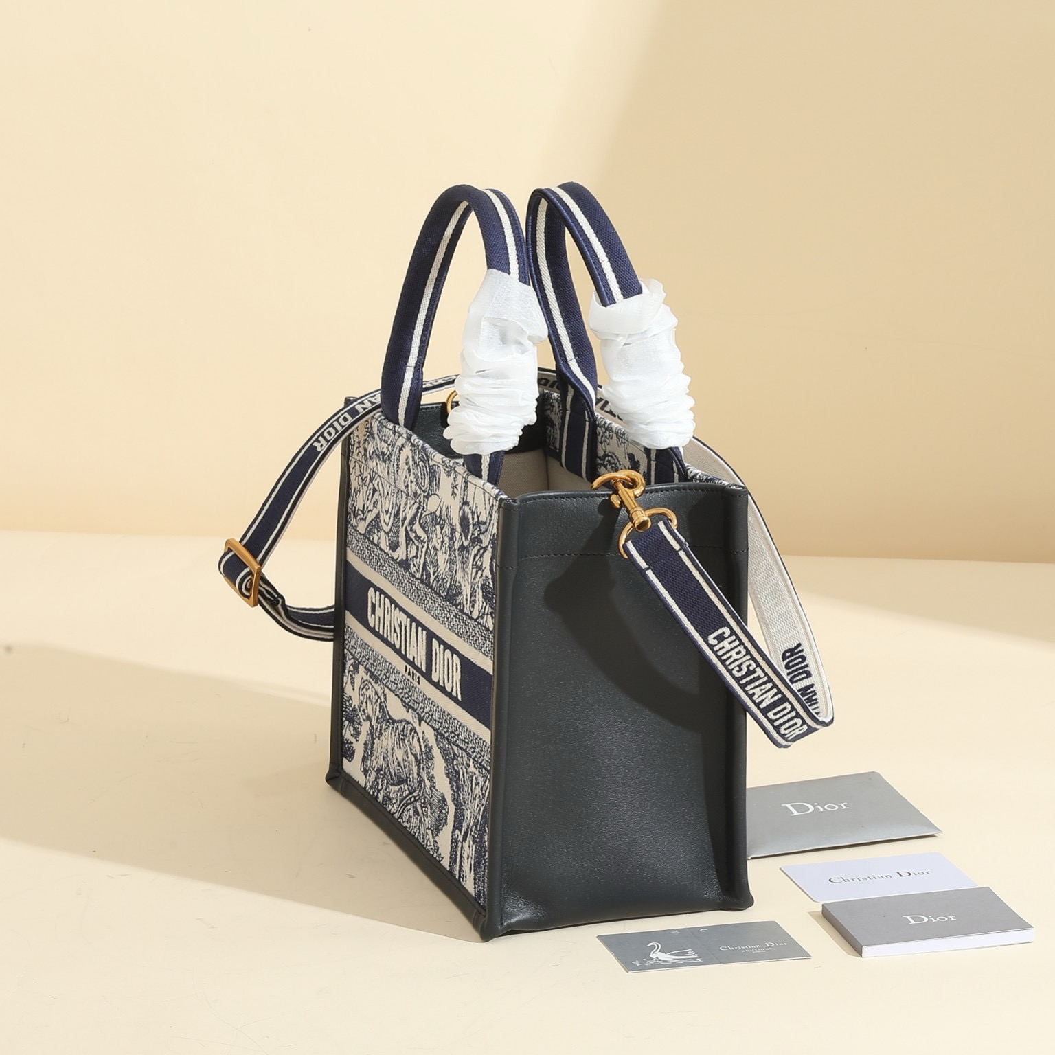 Small Dior Book Tote White and Navy Blue Toile de Jouy Sauvage Embroidery with Navy Blue Calfskin M1325CET