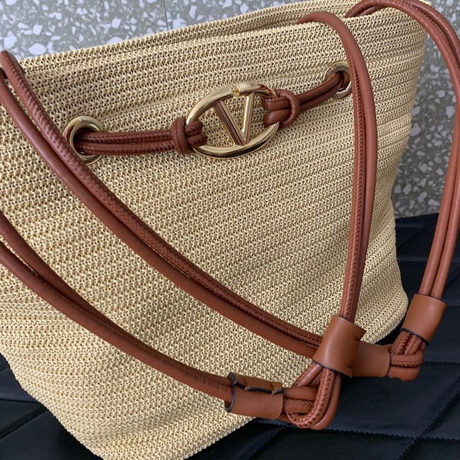 VALENTINO Medium RAFFIA MACRAME Shoulder Bag 0990L Apricot