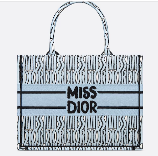 Medium Dior Book Tote Pale Blue and Black Miss Dior Allover Embroidery M1296ZEZE