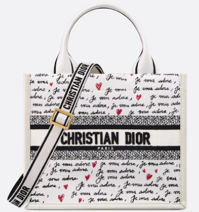 Dioramour Small Dior Book Tote White Embroidery with Black and Red Je Vous Adore Motif and White Calfskin M1325CZBX