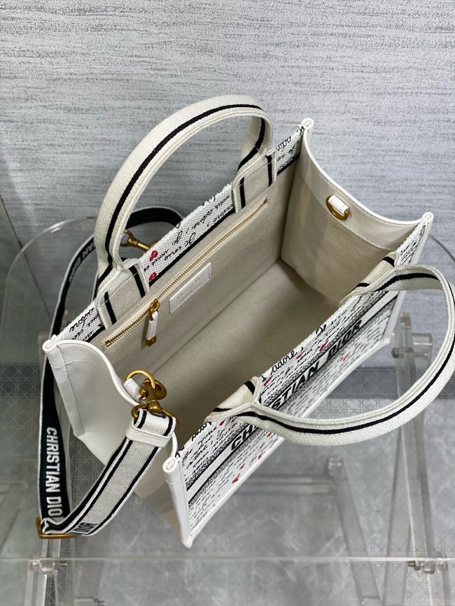 Dioramour Small Dior Book Tote White Embroidery with Black and Red Je Vous Adore Motif and White Calfskin M1325CZBX