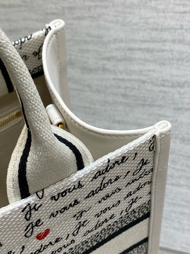 Dioramour Small Dior Book Tote White Embroidery with Black and Red Je Vous Adore Motif and White Calfskin M1325CZBX