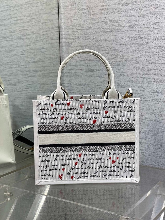 Dioramour Small Dior Book Tote White Embroidery with Black and Red Je Vous Adore Motif and White Calfskin M1325CZBX