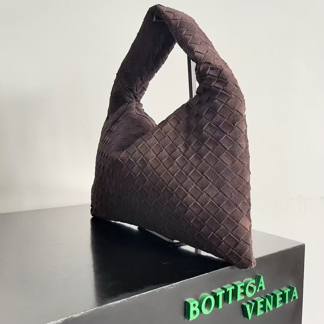 Bottega Veneta Medium Hop intrecciato suede top handle bag 763966 DARK BROWN