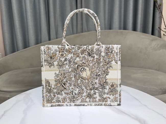 Medium Dior Book Tote Latte Embroidery with Gold-Tone Millefiori Unicorn Motif M1296ZEDP