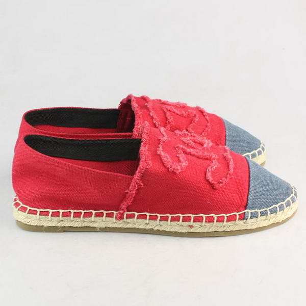 Chanel Red Fabric Blue Toe Flat