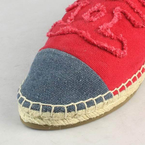 Chanel Red Fabric Blue Toe Flat