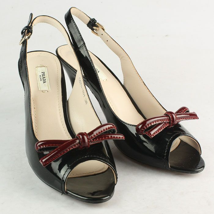 Prada Patent Contrast Bow Slingback Pumps Black