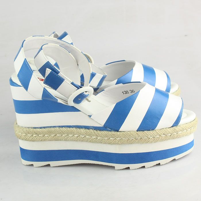 Prada Stripe Elastic Straps Wedge Sandals Blue