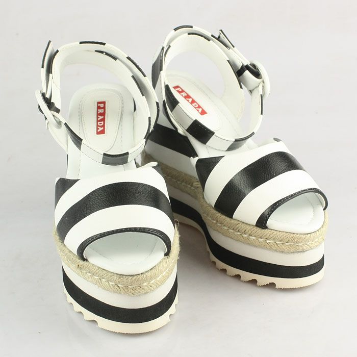 Prada Stripe Elastic Straps Wedge Sandals White