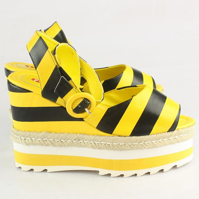 Prada Stripe Elastic Straps Wedge Sandals Yellow